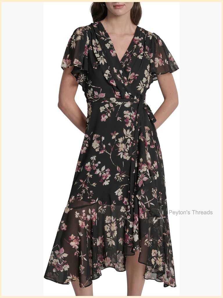 Cap Sleeve Surplice Neck Side Tie Faux Wrap Midi Dress